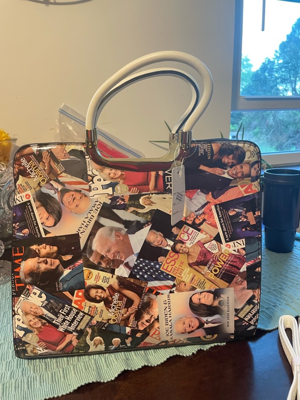 Magazine Collage Print Satchel Handbag - White Handles